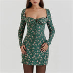 Women Lace Bodycon Mini Square Neck Long Sleeve Bustier Dress