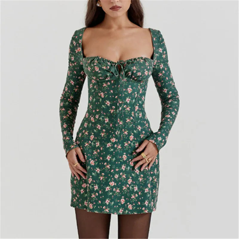 Women Lace Bodycon Mini Square Neck Long Sleeve Bustier Dress