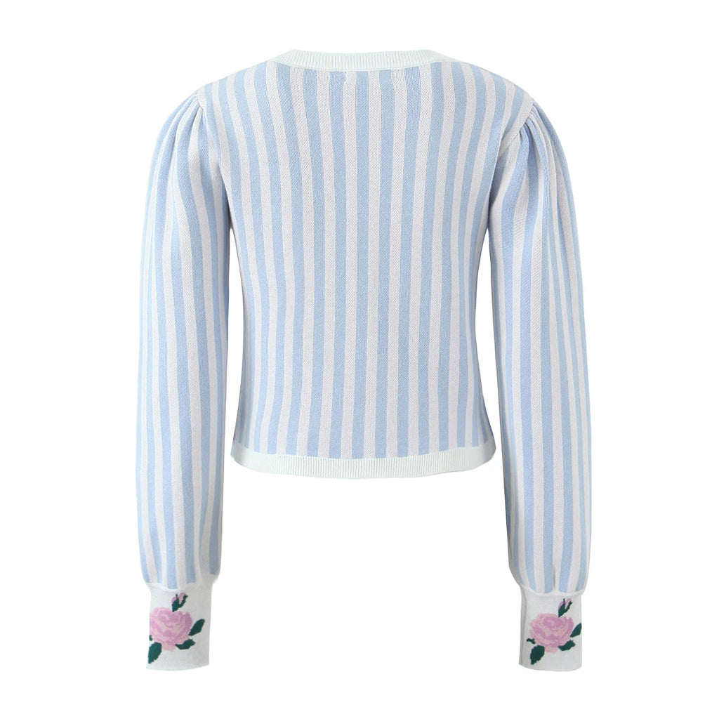 Sweet Blue White Striped Button Through Pointelle Knit Cardigan Sweater Woman Full Puff Sleeve Jumper Cropped Knitwear