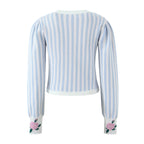 Sweet Blue White Striped Button Through Pointelle Knit Cardigan Sweater Woman Full Puff Sleeve Jumper Cropped Knitwear