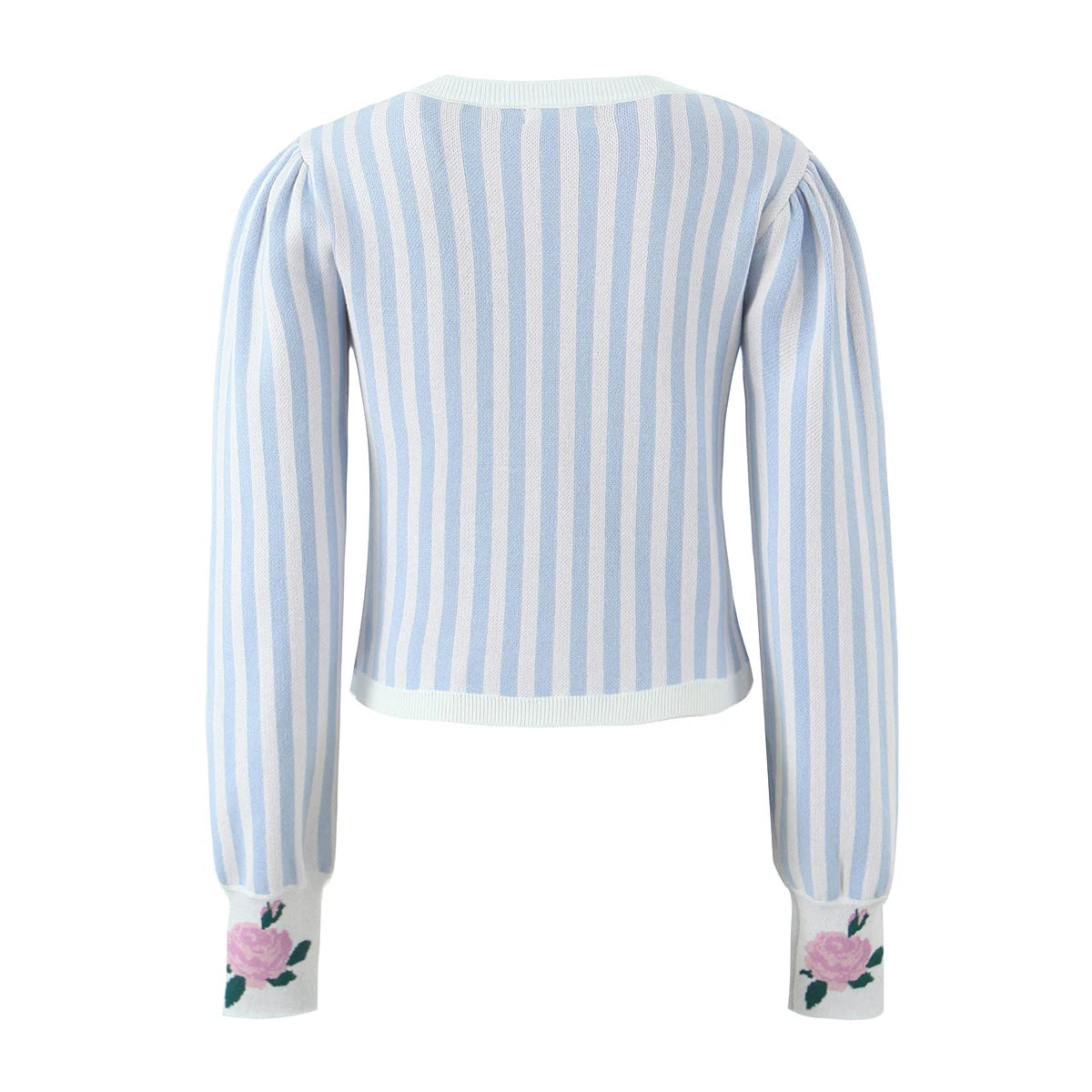 Sweet Blue White Striped Button Through Pointelle Knit Cardigan Sweater Woman Full Puff Sleeve Jumper Cropped Knitwear