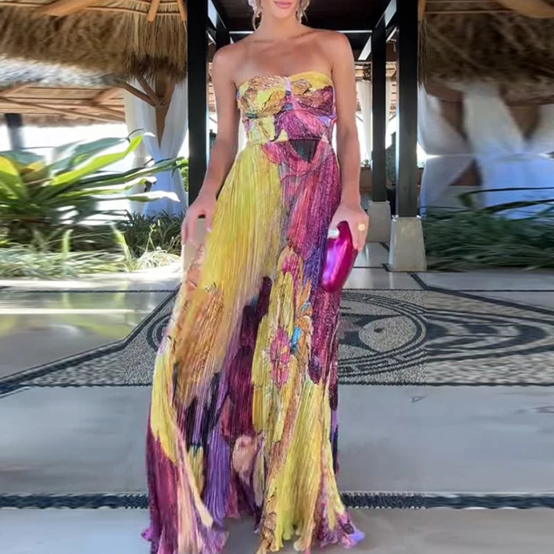 Off Shoulder Pleated Long Party Dress With Print