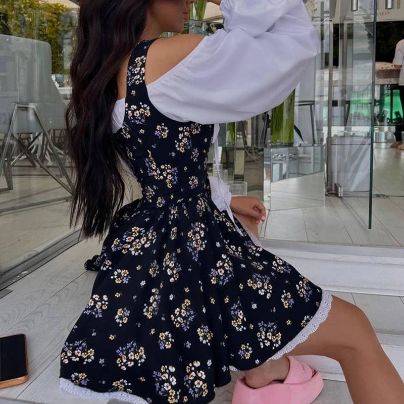 Floral Patchwork Mini Dress With Off Shoulder Square Collar Two Piece Look A Line