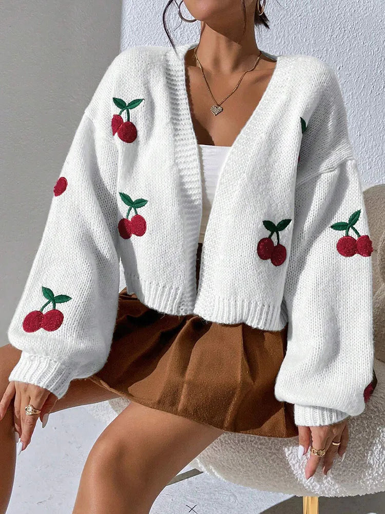 Cozy Cherry Embroidered Off Shoulder Cardigan For Women Loose Knit Jacket Sweater