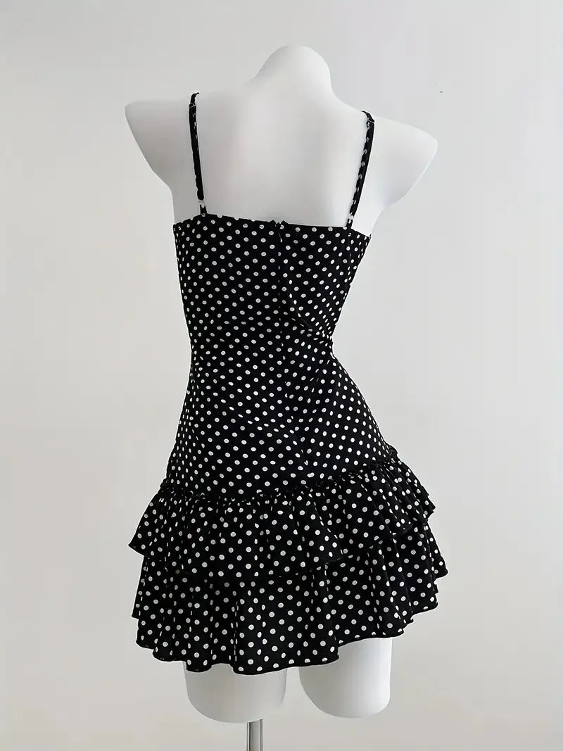Polka Dot Camisole Mini Dress With V Neck And Ruffle Hem Slim Fit