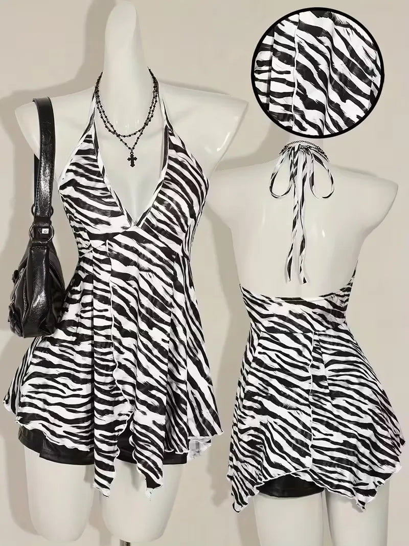 Zebra Print V Neck Backless Halter Top