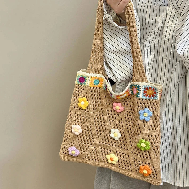 Boho Knitting Shoulder Bag With Floral Crochet