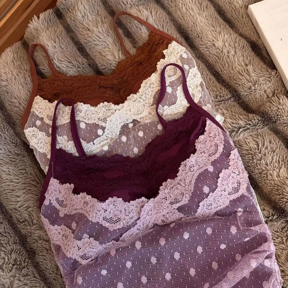 Lace Dots Wrapped Camisole With Pads Slim Fit Tank Top
