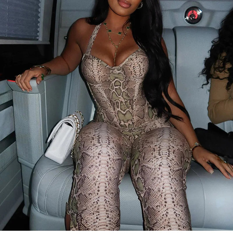 Snake Print Backless Halter Tank Top And Capri Set For Bold Retro Nightlife Style Vibe
