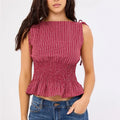 Gingham Tie Shoulder Tank Top With Shirred Ruffle Babydoll Silhouette Vintage Inspired