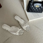 Elegant Polka Dot Satin Slippers With Square Toe And Butterfly Knot