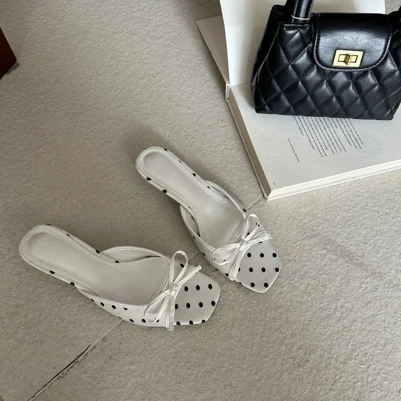Elegant Polka Dot Satin Slippers With Square Toe And Butterfly Knot