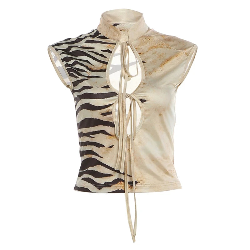 Tiger Print Top With Standing Collar And Tassel Details
