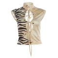 Tiger Print Top With Standing Collar And Tassel Details