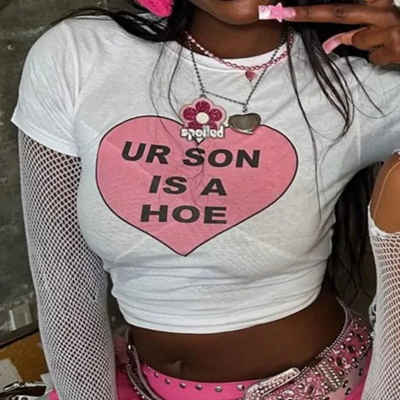 Y2K Heart Print Crop Top ONeck Gothic Grunge Hip Hop Style With Short Sleeves For Women
