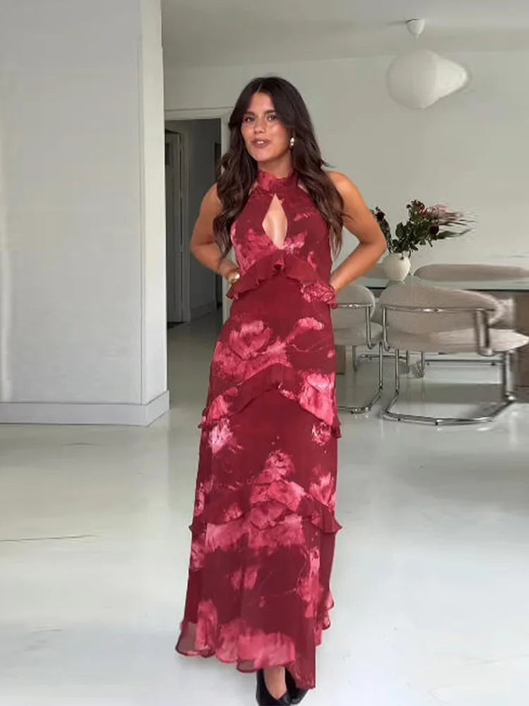 Boho Floral Halter Maxi Dress With Cutout And Tiered Ruffles Sleeveless