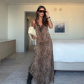 Leopard Print Maxi Dress With Lace Trim And Spaghetti Straps