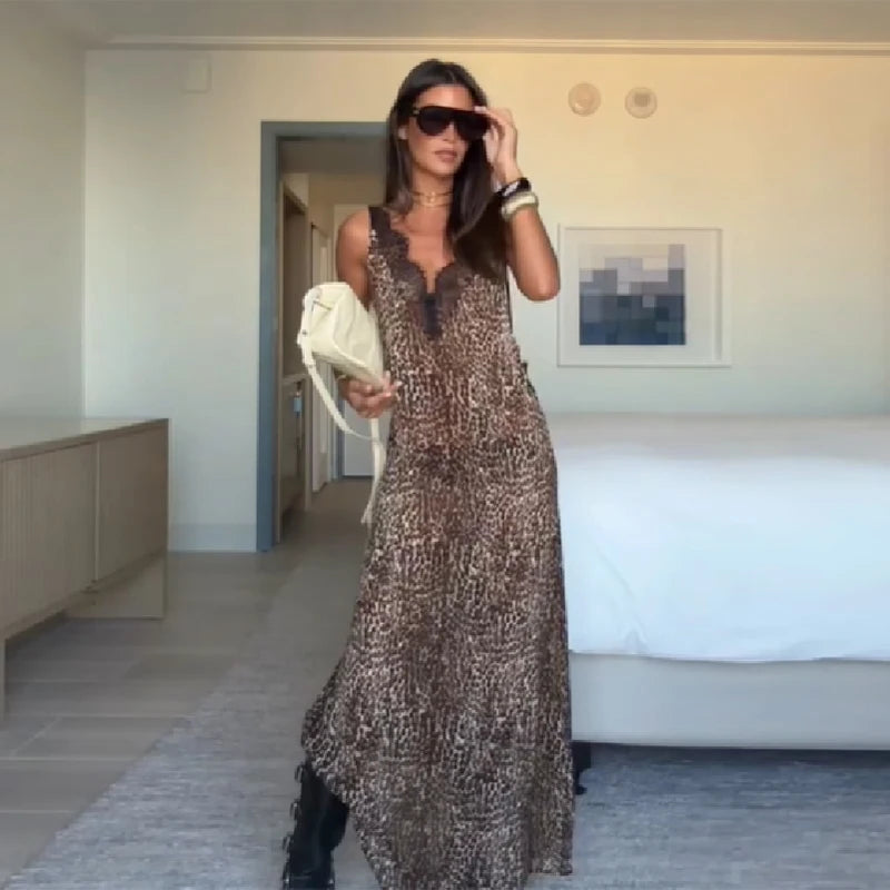 Leopard Print Maxi Dress With Lace Trim And Spaghetti Straps