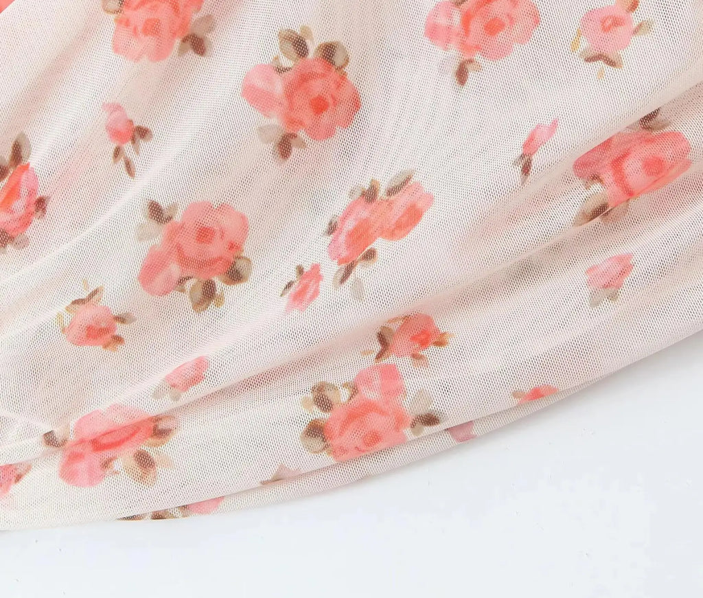 Apricot Floral Mesh Tank Top With V Neck And Ruched Corset Silhouette Sleeveless Crop Cami