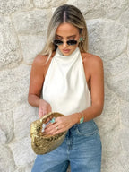 Elegant White Satin Halter Backless Top Sleeveless
