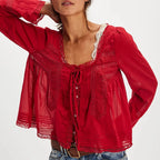 Dreamy Lace Patchwork Sheer Long Sleeve Blouse With Square Neck And Tie Front Crop Top