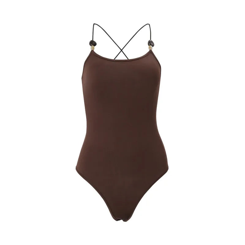 Brown Spaghetti Strap Bodysuit Women Summer Sleeveless Cross Skinny Tight Tide Basic Camisole