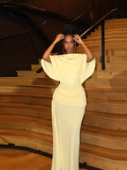 Backless Party Maxi Dress With O Neck Slim Pleated Ribbon Detail
