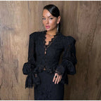Delicate Lace V-Neck Peplum Top With Flare Sleeves And High Waist Mermaid Hem Elegant Evening Set