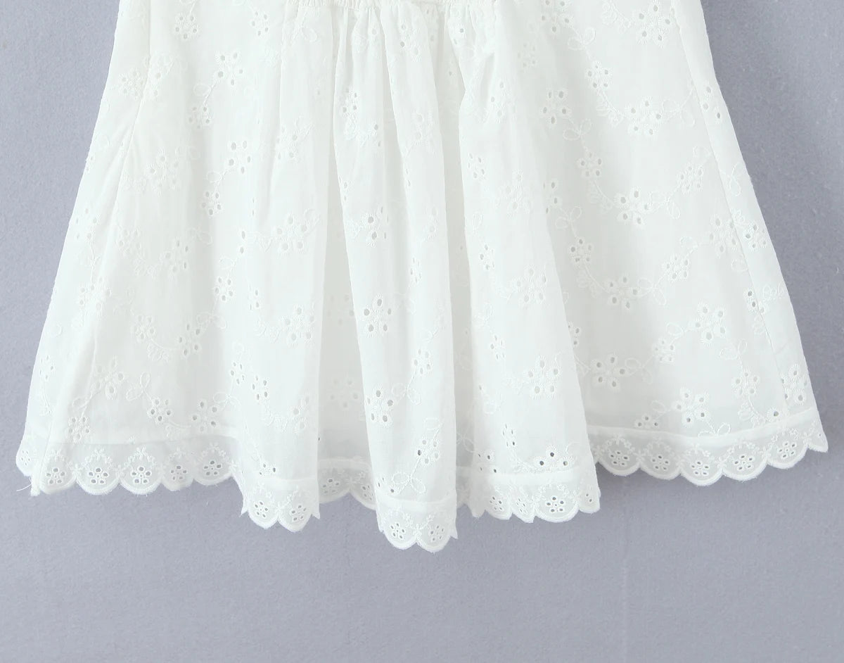 White Embroidered Lace V Neck Mini Dress With Hollow Out Detail And Back Zipper Closure