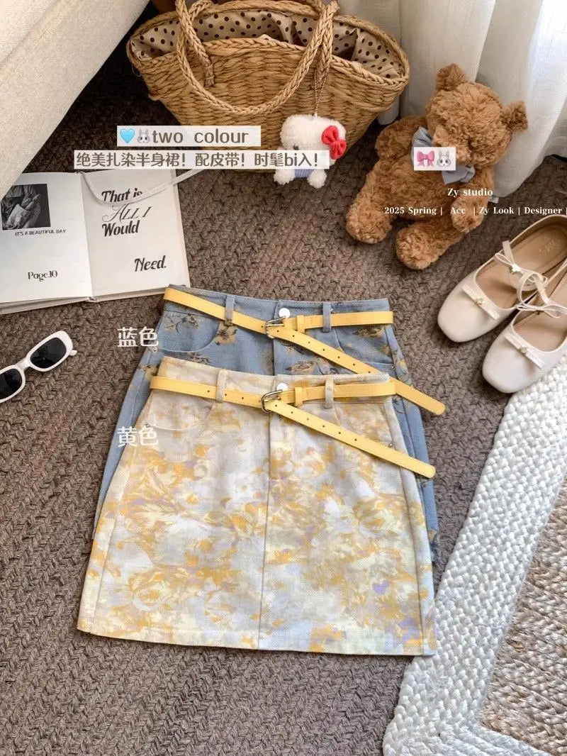 Retro Tie-Dye Denim A-Line Skirt With High Waist