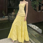 Off Shoulder Backless Evening Dress With Pleats And Ruffled Edges Diagonal Collar Floor Length