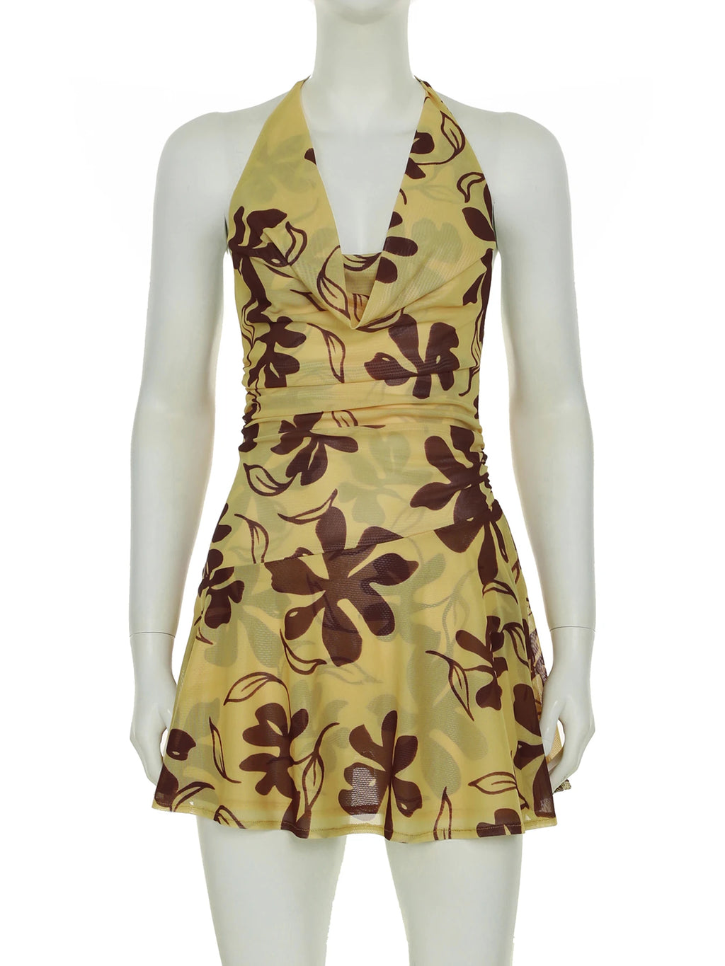 Butter Yellow Printed Lace Up Halter Backless Mini Dress