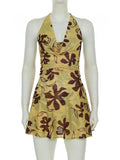 Butter Yellow Printed Lace Up Halter Backless Mini Dress