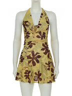 Butter Yellow Printed Lace Up Halter Backless Mini Dress