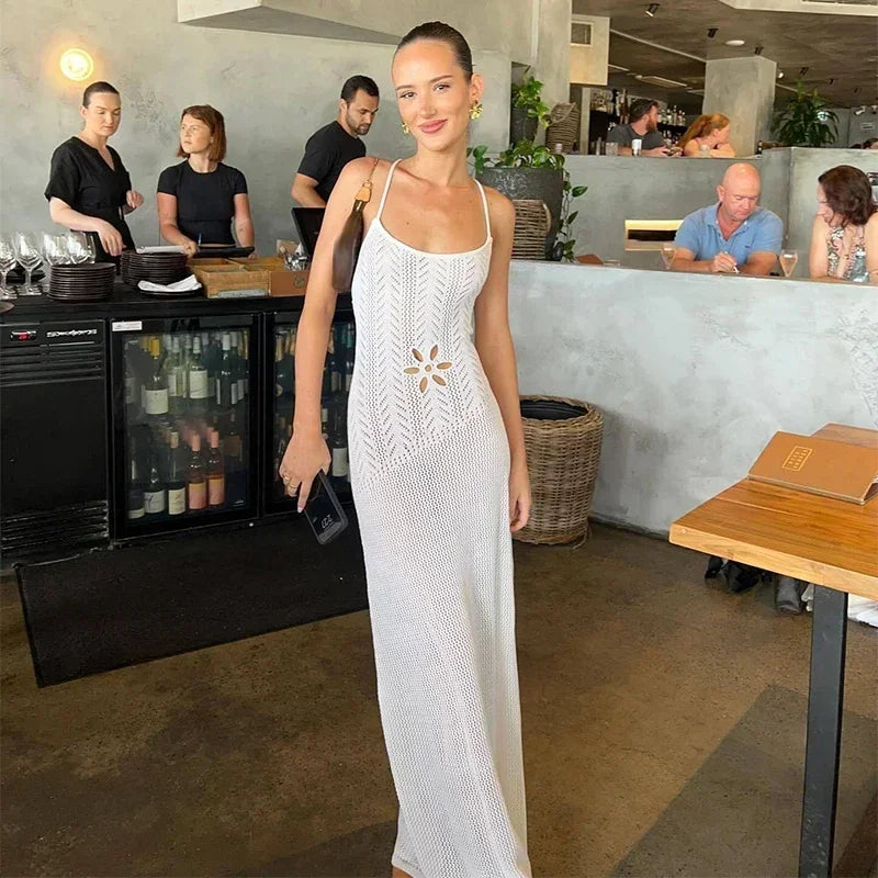 Floral Knit Strap Maxi Dress Backless Beach Cover Up For Summer Vacation And Resort Style