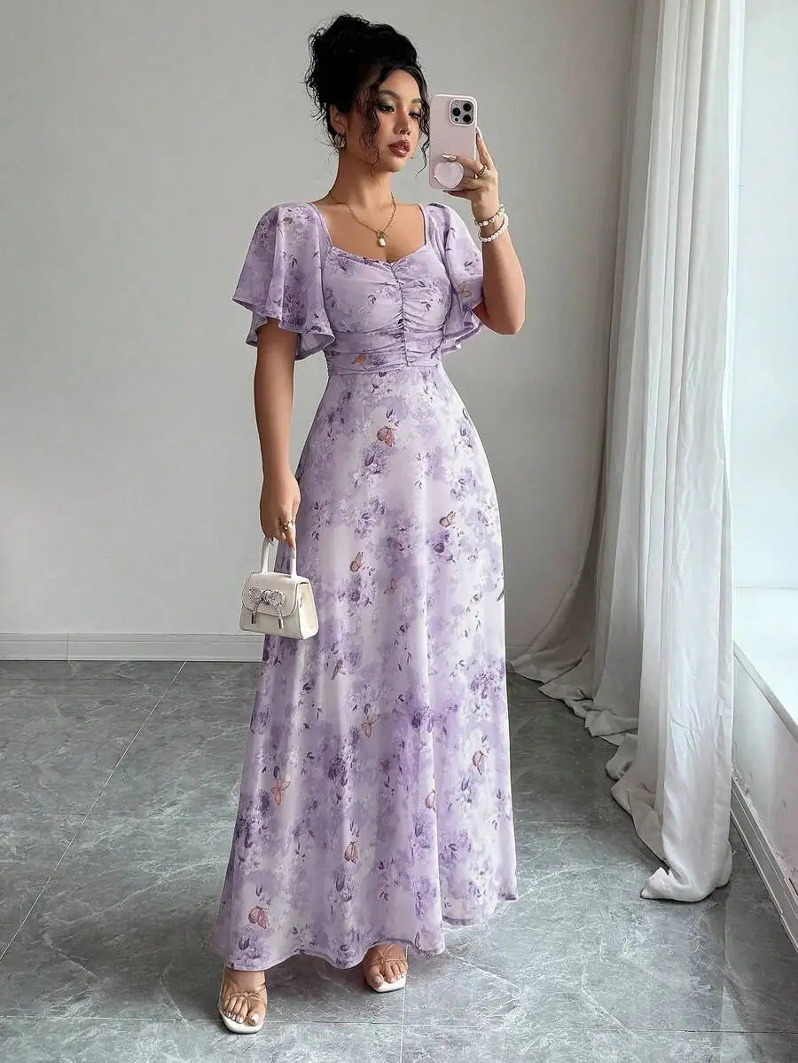 Purple Butterfly Print Mini Dress With Batwing Sleeves