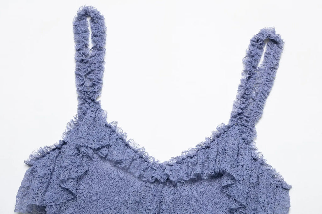 Pleated Ruffles Skirt & Lace Crochet Sling Camis Tank V Neck Top Set