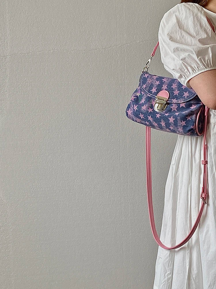 Contrast Color Star Print Crossbody Bag for Women Lightweight Shoulder Purse With Buckle