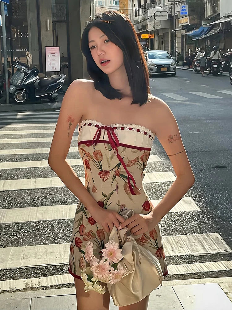 Ribbon Bow Women Lace Patchwork Art Print Folds Mini Body-con Dress