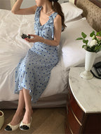 Allover Printed Dress With V Neckline Ruffles And Sleeveless Silhouette