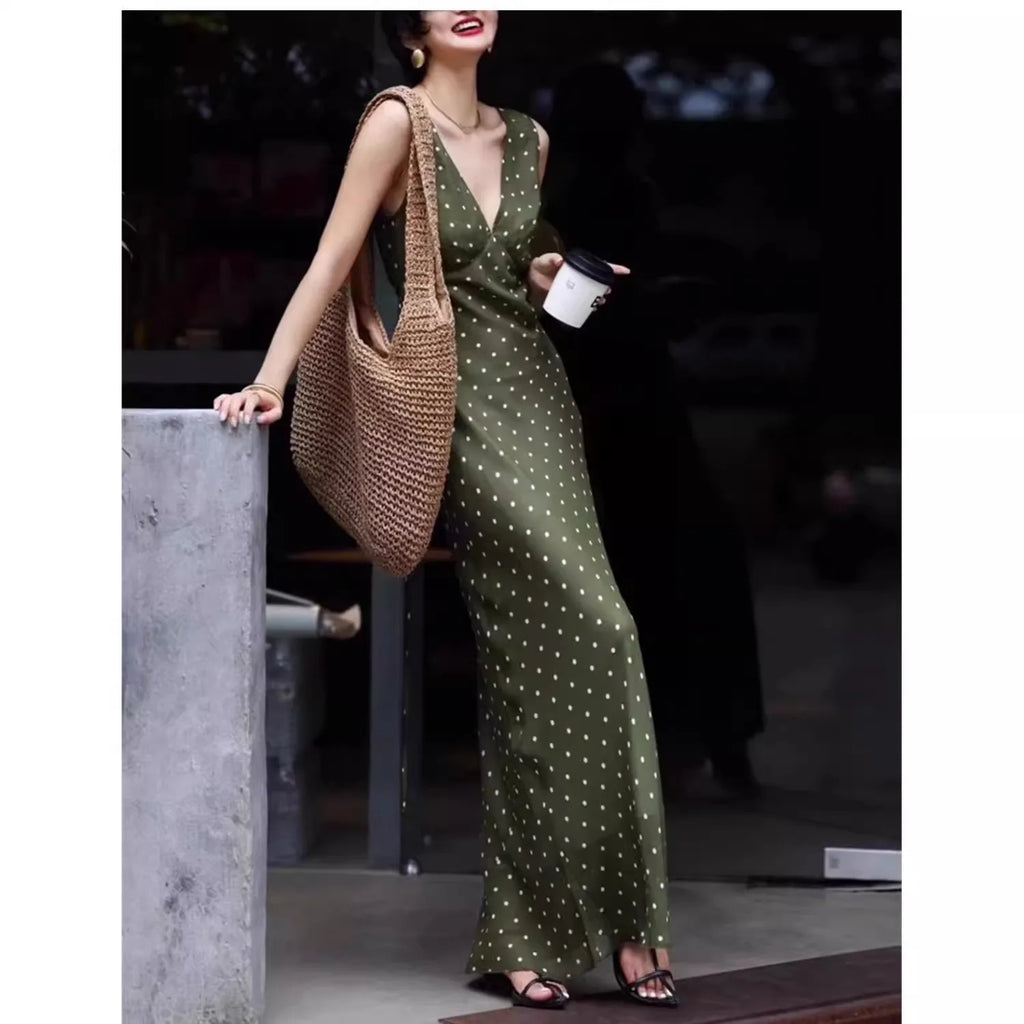 Polka Dot Chiffon V Neck Dress For Women