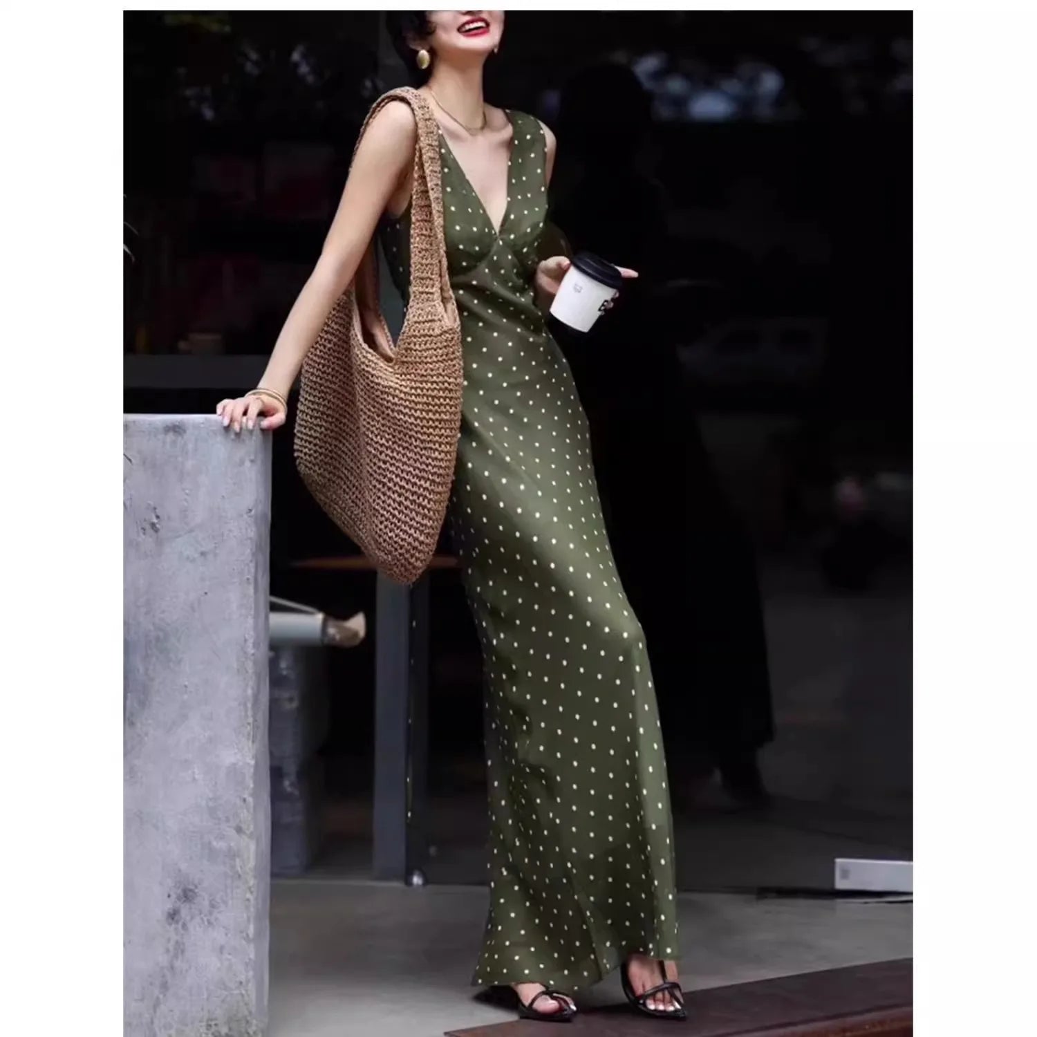 Polka Dot Chiffon V Neck Dress For Women