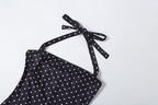 Polka Dot Backless Halter Romper In Peach With Lace Up Detail