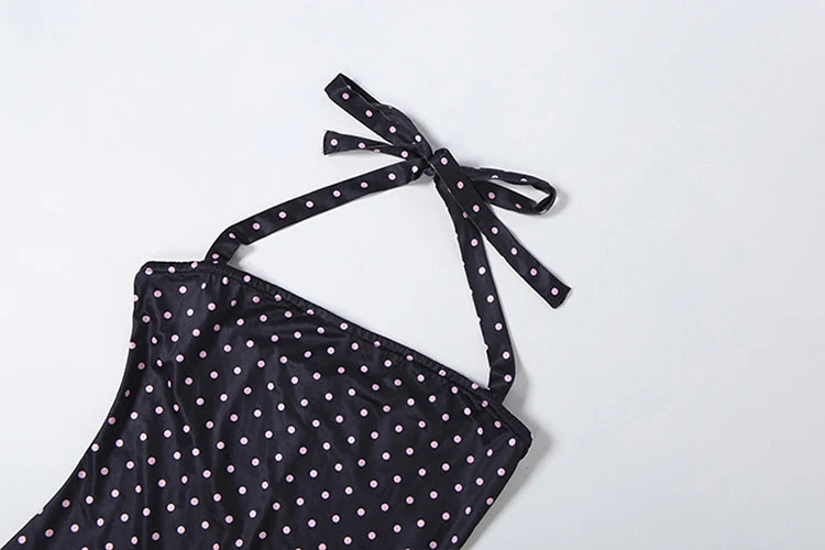 Polka Dot Backless Halter Romper In Peach With Lace Up Detail