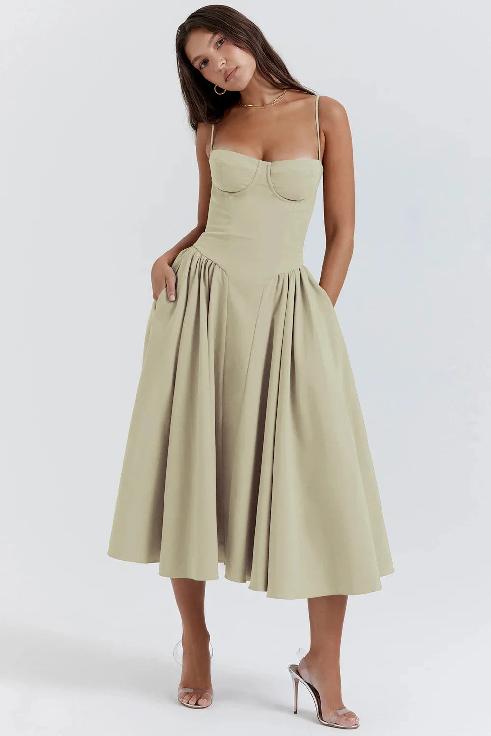 Backless Suspender Midi Dress Sleeveless A Line Style For Evening Wear