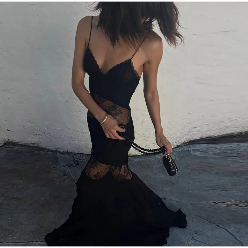 Lace See Through Sling Maxi Dress Evening