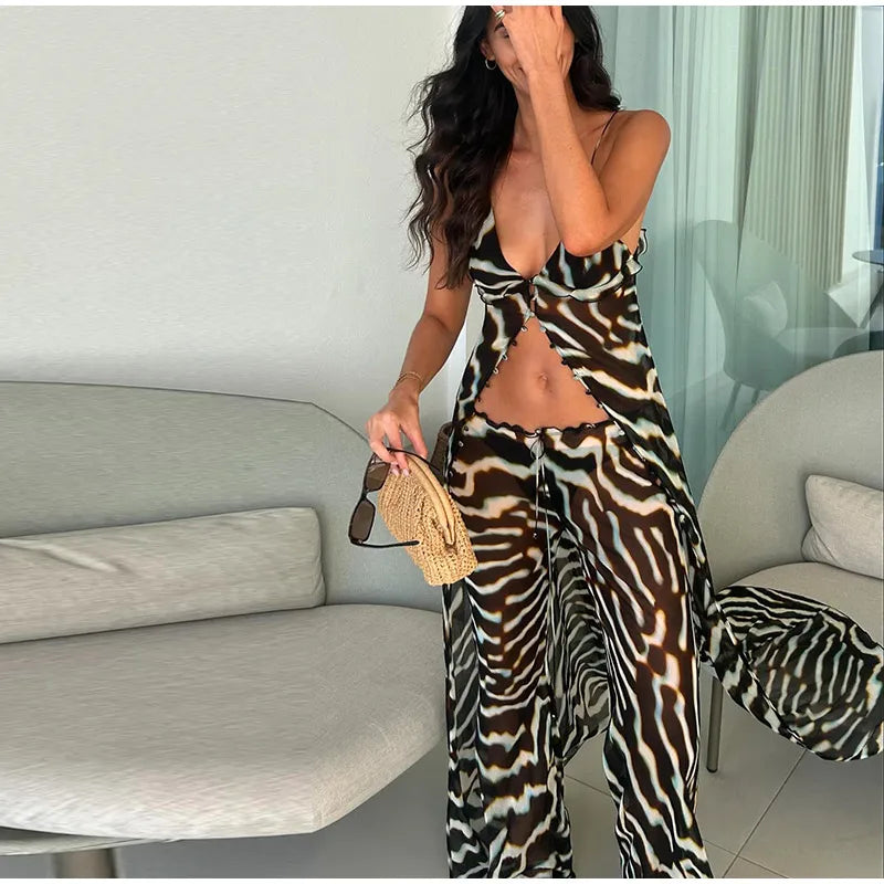 Zebra Print Sheer Chiffon two piece Set With Maxi Tank Top And Wide Leg Pants