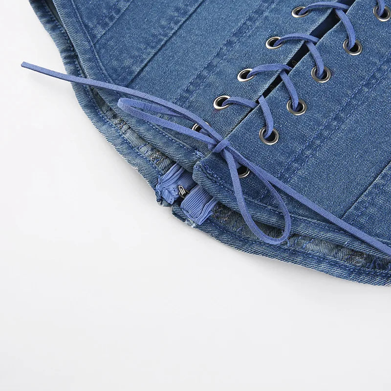Off Shoulder Denim Corset Tank Top With Lace Up Back Hollow Detail Slim Bustier Camisole