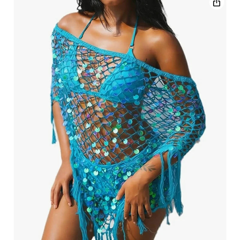 Crochet Beach Cover Up For Women Lightweight Triangle Tassel Hem Sequins Off Shoulder Poncho
