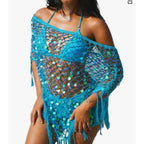 Crochet Beach Cover Up For Women Lightweight Triangle Tassel Hem Sequins Off Shoulder Poncho